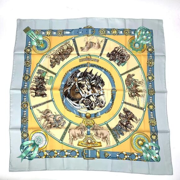 Hermes Carre 90 Chevaux de Trait Cart Horse Silk Scarf Blue